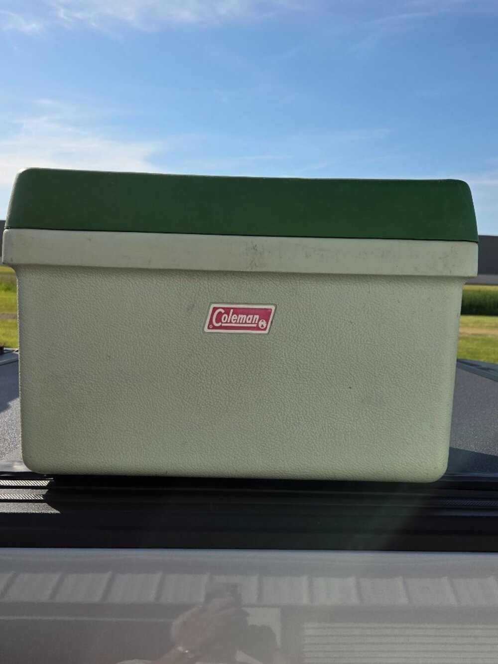 Vintage Coleman Cooler 1970's White/Green 24 x 20 x 14 Metal Handles Made In USA